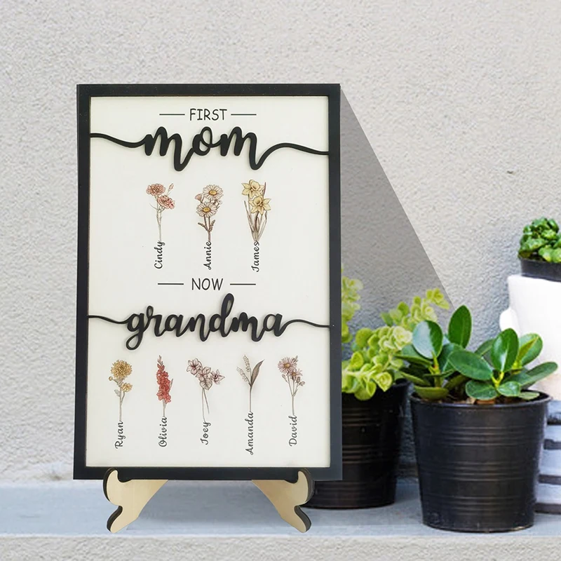 First Mom Now Grandma Birth Month Flower Wooden Plaque, Personalized Mothers Day Gifts, Mother's Day Gift, Gift For Mom Durable