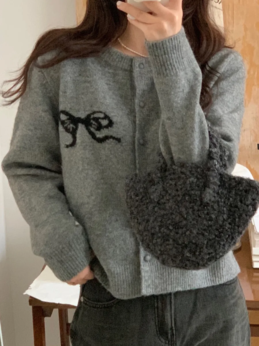 Korea Chic Autumn Bow Embroidery Knitted Cardigans 2024 Winter New Fashion Single Breasted O-neck Sweater Knitwear Coat