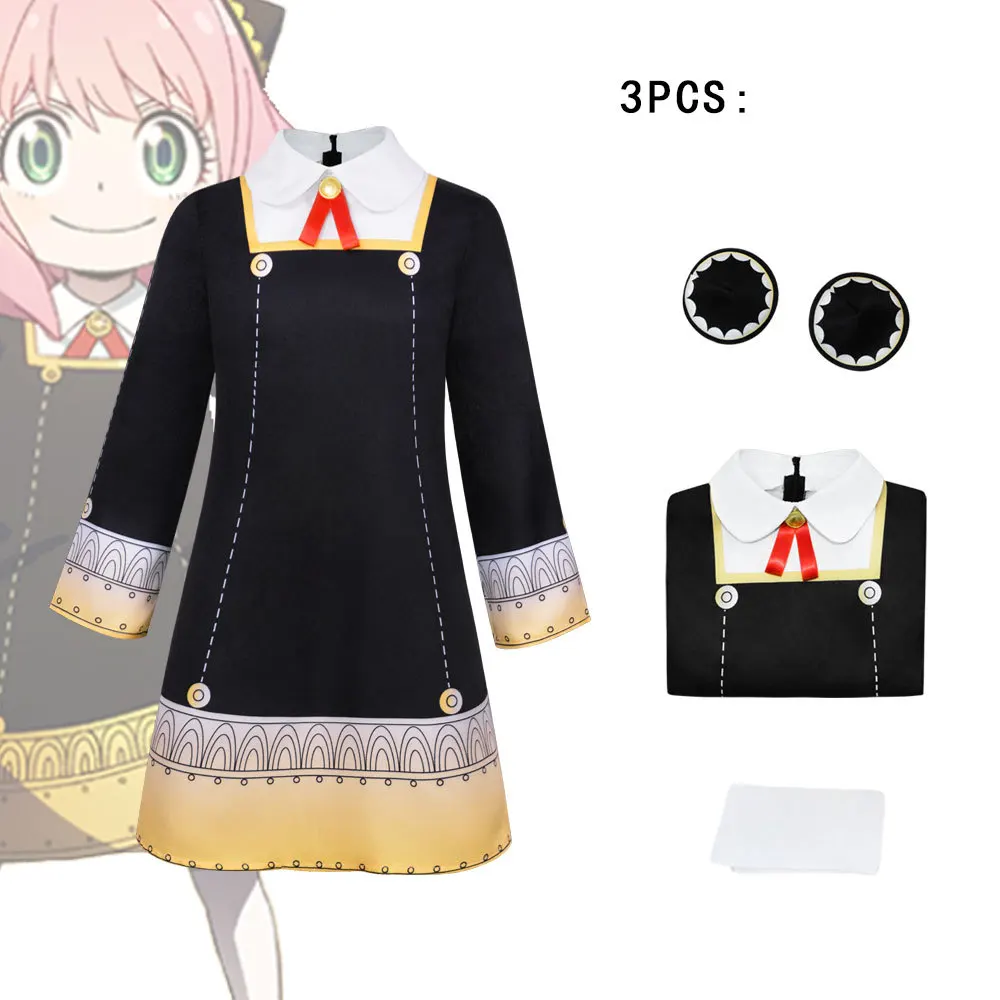 Anya Forger Anime Cosplay Costume pour enfants en bas âge, robe noire Kawaii, vêtements de fête, perruque d'Halloween, femmes et filles