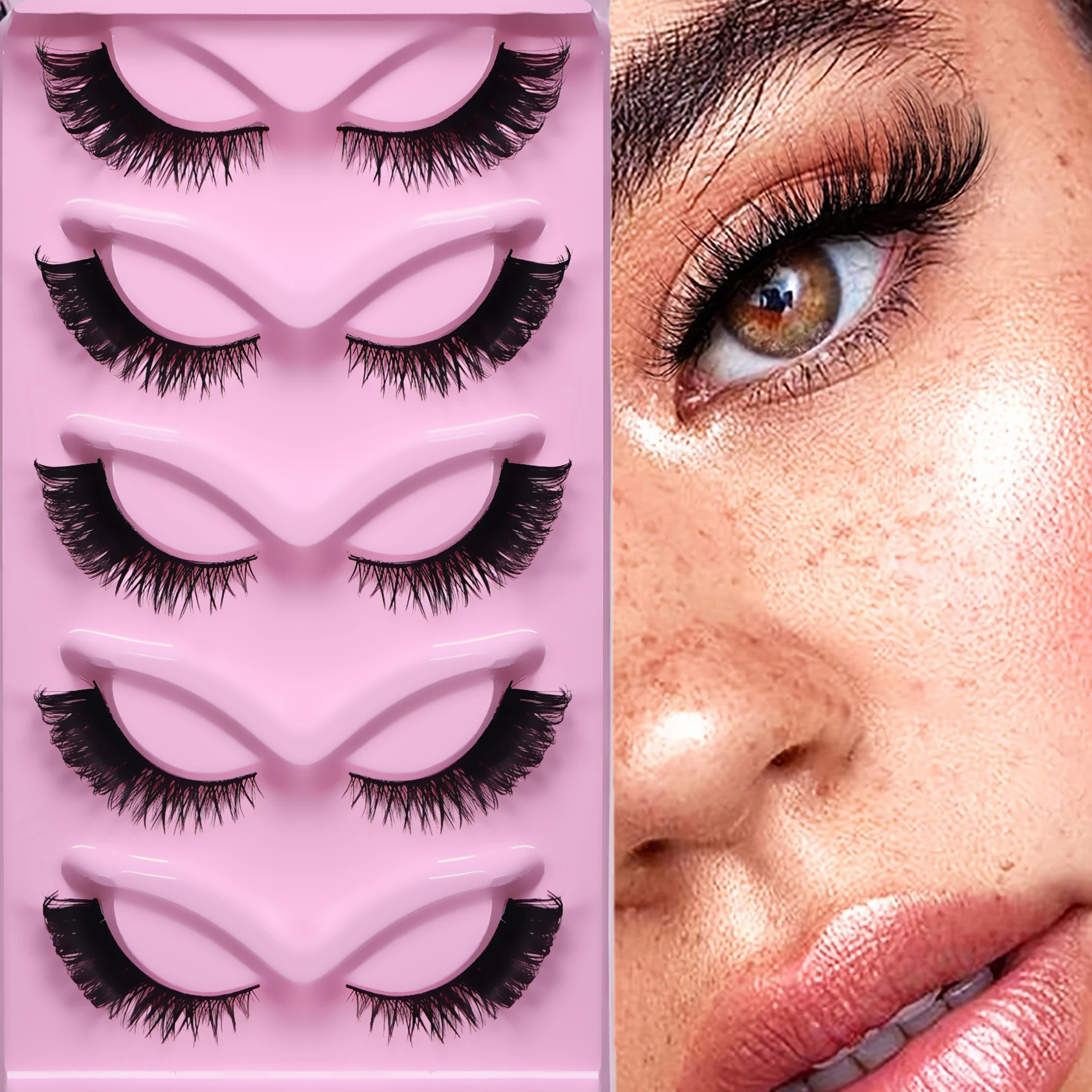 5 ペアのキャットアイまつげふわふわうっすらとしたつけまつげエクステンション、3D ナチュラルルック、再利用可能なまつげ