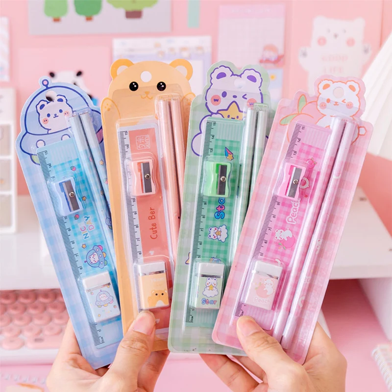 

5Pcs Cute Cartoon HB Pencil Set Wooden Pencil Art Supplies School Office Writing Ruler Eraser Sharpener Students Children Gifts