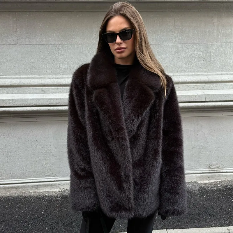 معطف فرو بني من Tuularose للنساء موضة شتاء دافئة كبيرة الحجم بياقة معطف فرو فاخر منفوش قطيفة مرقع ملابس خارجية نسائية #5