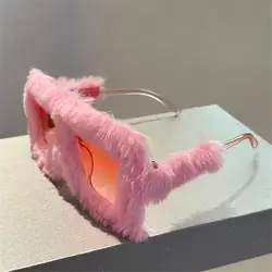 Oversized Plush Sunglasses Winter Shades for Women Soft Fluffy Square Frame Sun Glasses Novelty Style Halloween Cosplay Glasses