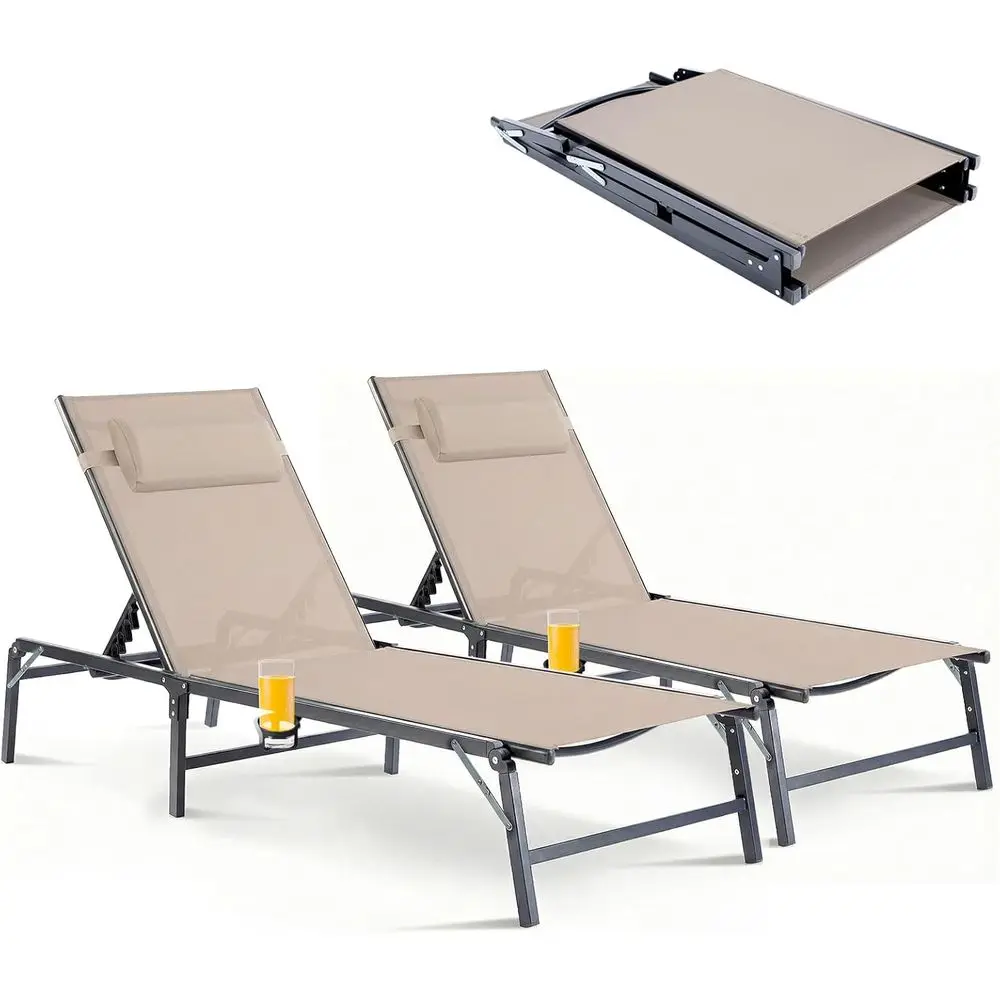 

2-Pack Collapsible Outdoor Chaise Lounge with Cup Holder and Adjustable Backrest, Detachable Pillow, Ideal for Patio, Poolside,