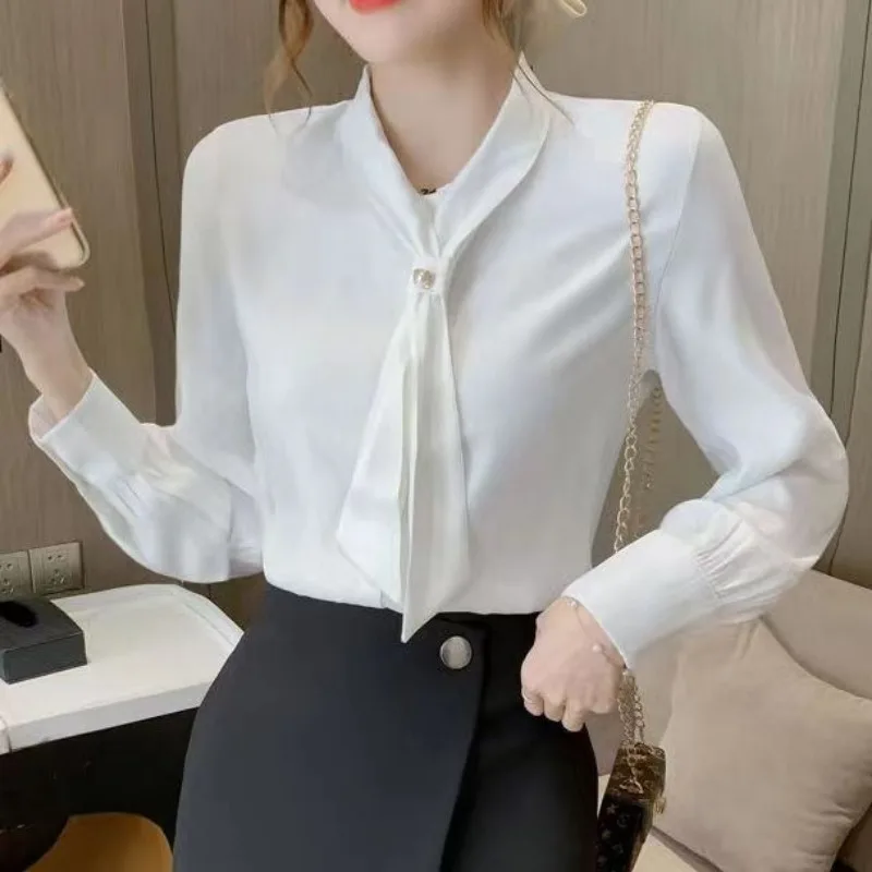Elegant Women's Satin Shirt Summer V-neck Blouses Pullover Ladies Top Long Sleeves Chiffon thin Bow White Shirt Woman Clothing