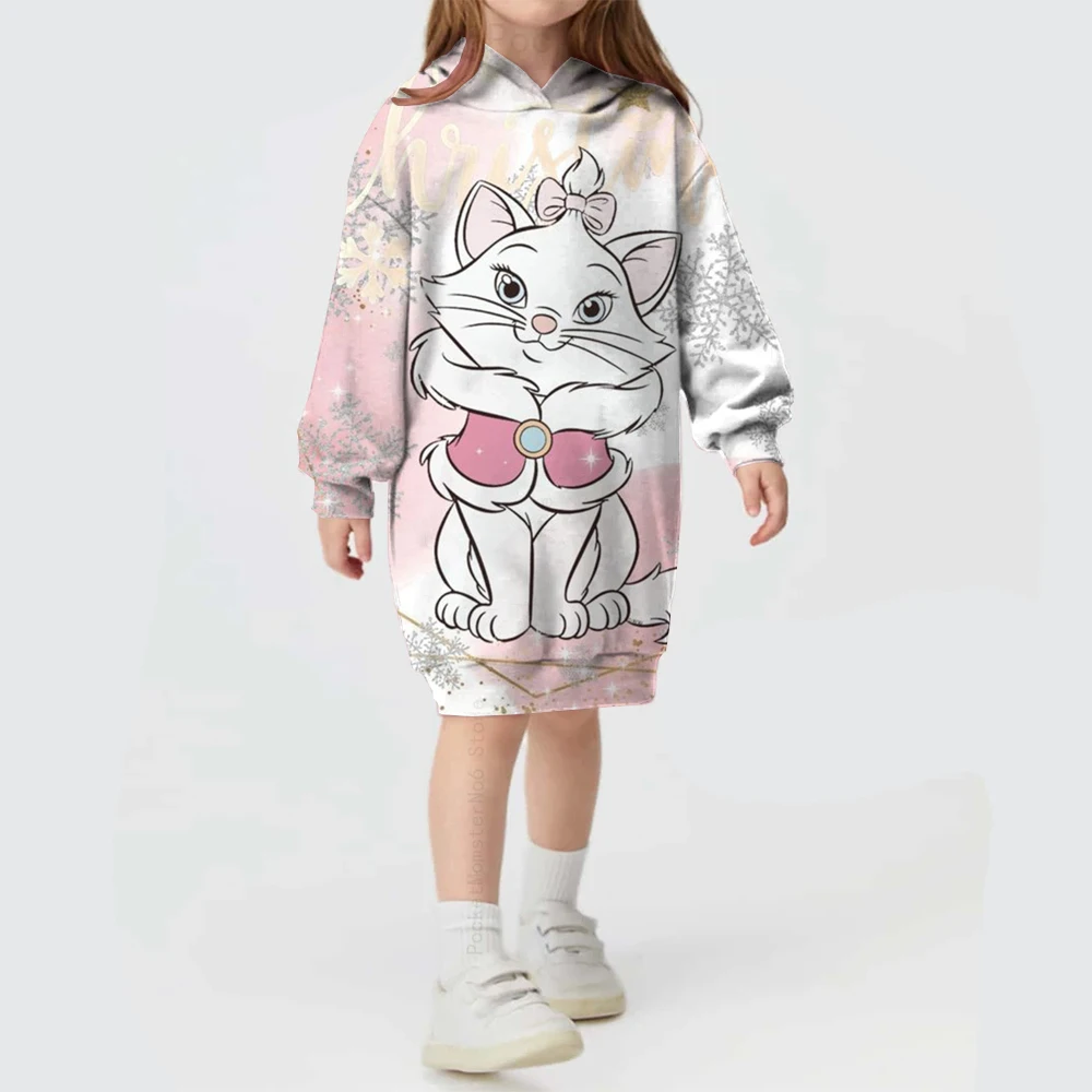 New autumn and winter Disney girls winter girls Mary Cat cartoon print long-sleeved hooded pullover sweater dress