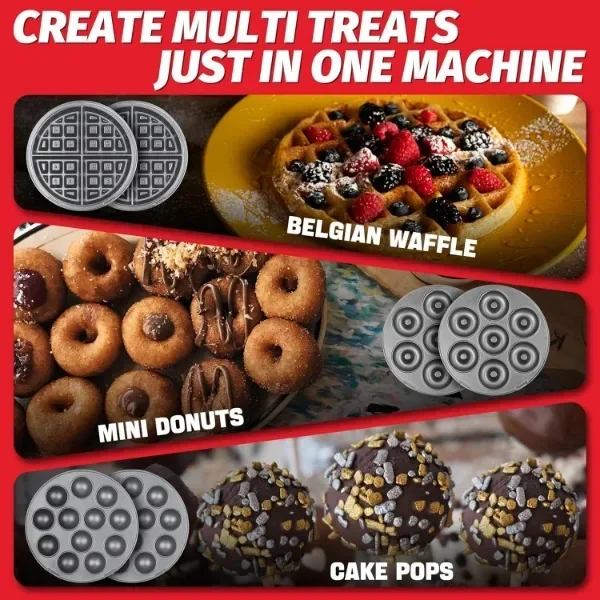 Pembuat Waffle Belgia 3 dalam 1 tebal dengan piring yang dapat dilepas, piring besi wafel Belgia anti lengket 8 ", pembuat donat Mini