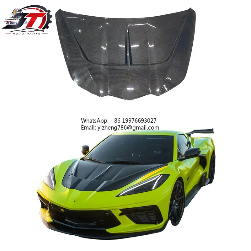 JT New Ortuner Dry Carbon Fiber Black Screw-On Engine Hood Cover For Chevrolet for Corvette C8 ZR1 Style Bonnet with Bolts