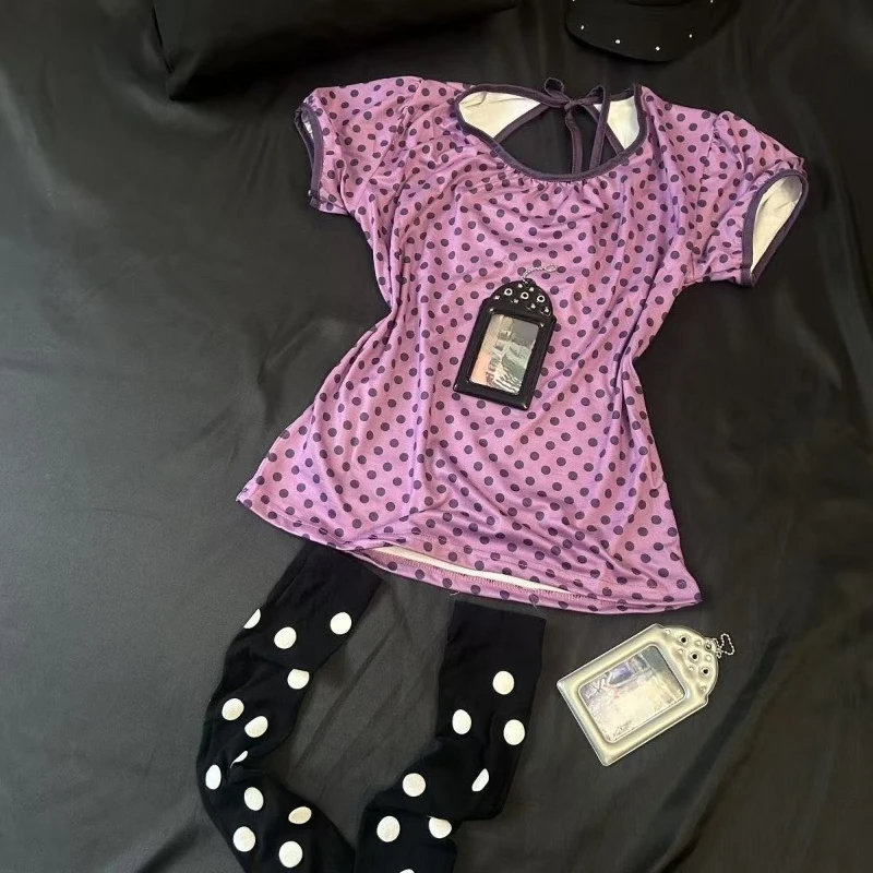 Purple Pure Sweet Purple Polka-dot Print Tops Women Backless Lace-up Bubble Sleeves Slim T-shirt New Sexy Y2k Clothing Summer