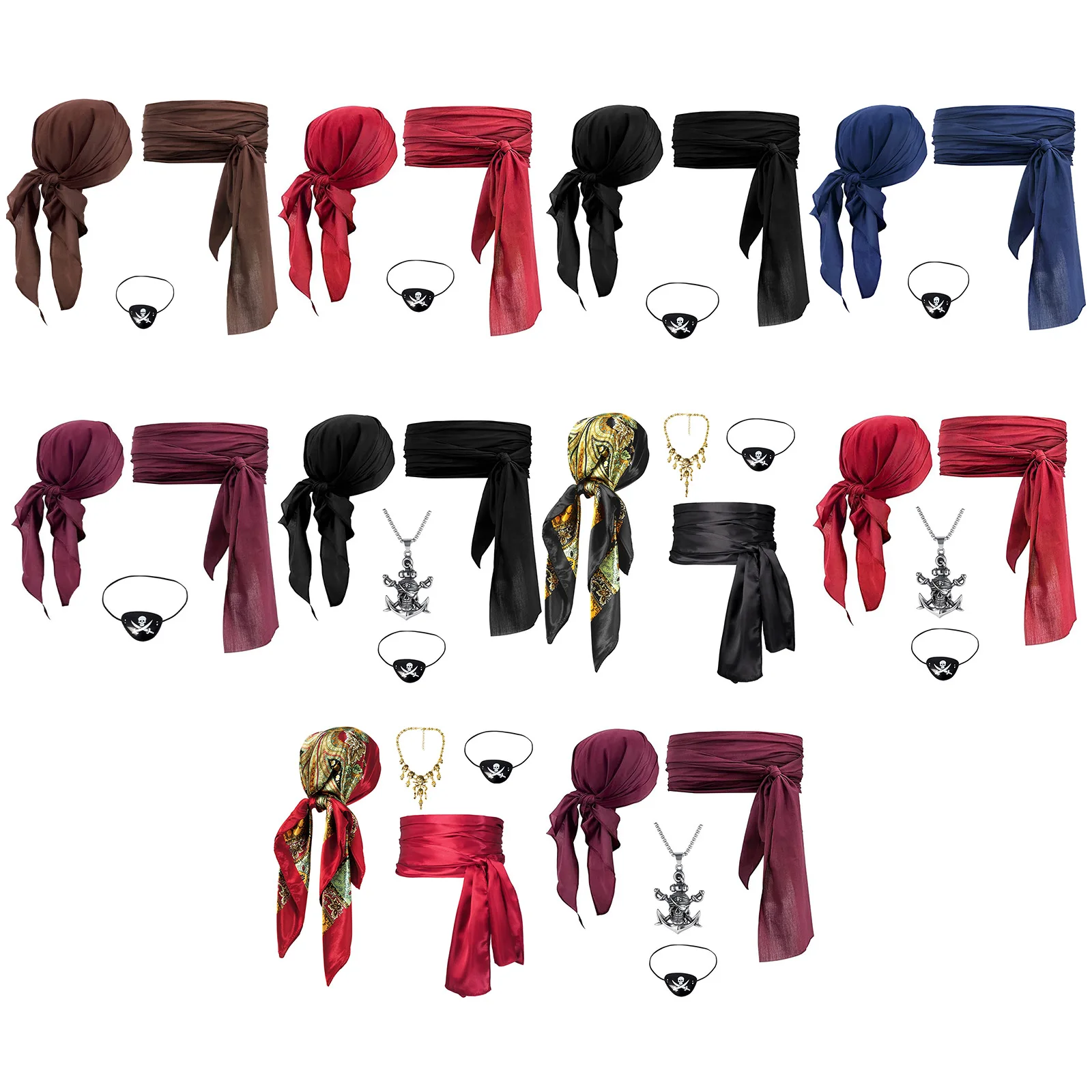 Women Pirate Cosplay Set Headscarf Wrap Hat Eye Mask Cosplay Costume Accessories Outfit Some with Sash Belt Necklace