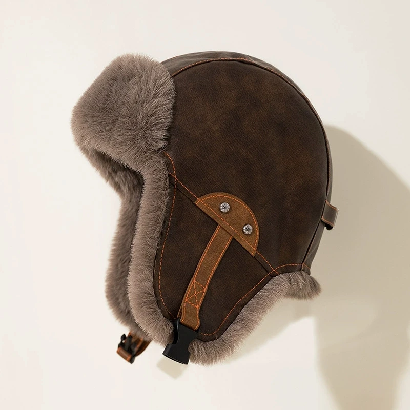 Vintage Lei Feng Hut für Männer Motorrad Pu Leder Hut Verdickte Winter Gehörschutz Hut Winter Warm Radfahren Winddicht Hut – Detail 6