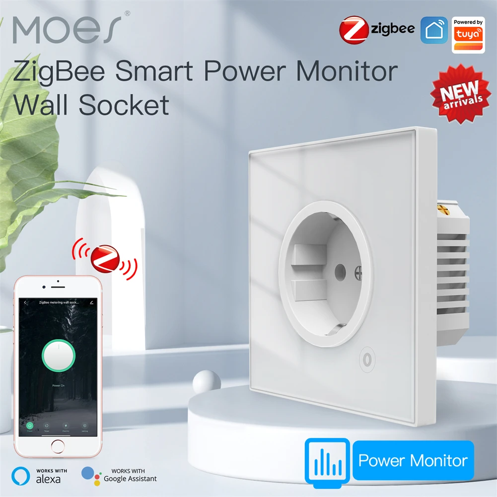 Moes ZigBee Smart Wall Socket Glass Panel Outlet Power Monitor tuya Wireless Control Mesh Timer Alexa Google Home voice UK EU FR