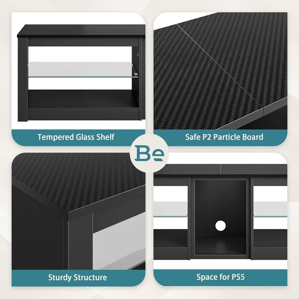 حامل تلفزيون 70 بوصة مع منافذ طاقة، مركز ترفيه LED لوحدات تحكم ألعاب PS5، حامل تلفزيون بأرفف زجاجية