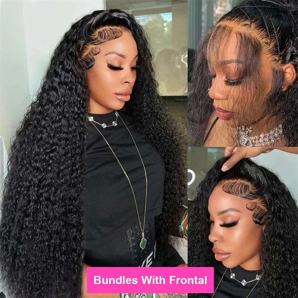 Bundles de cheveux humains bouclés avec fermeture, vague profonde, dentelle transparente, extension de tissage, richesse, 32 po