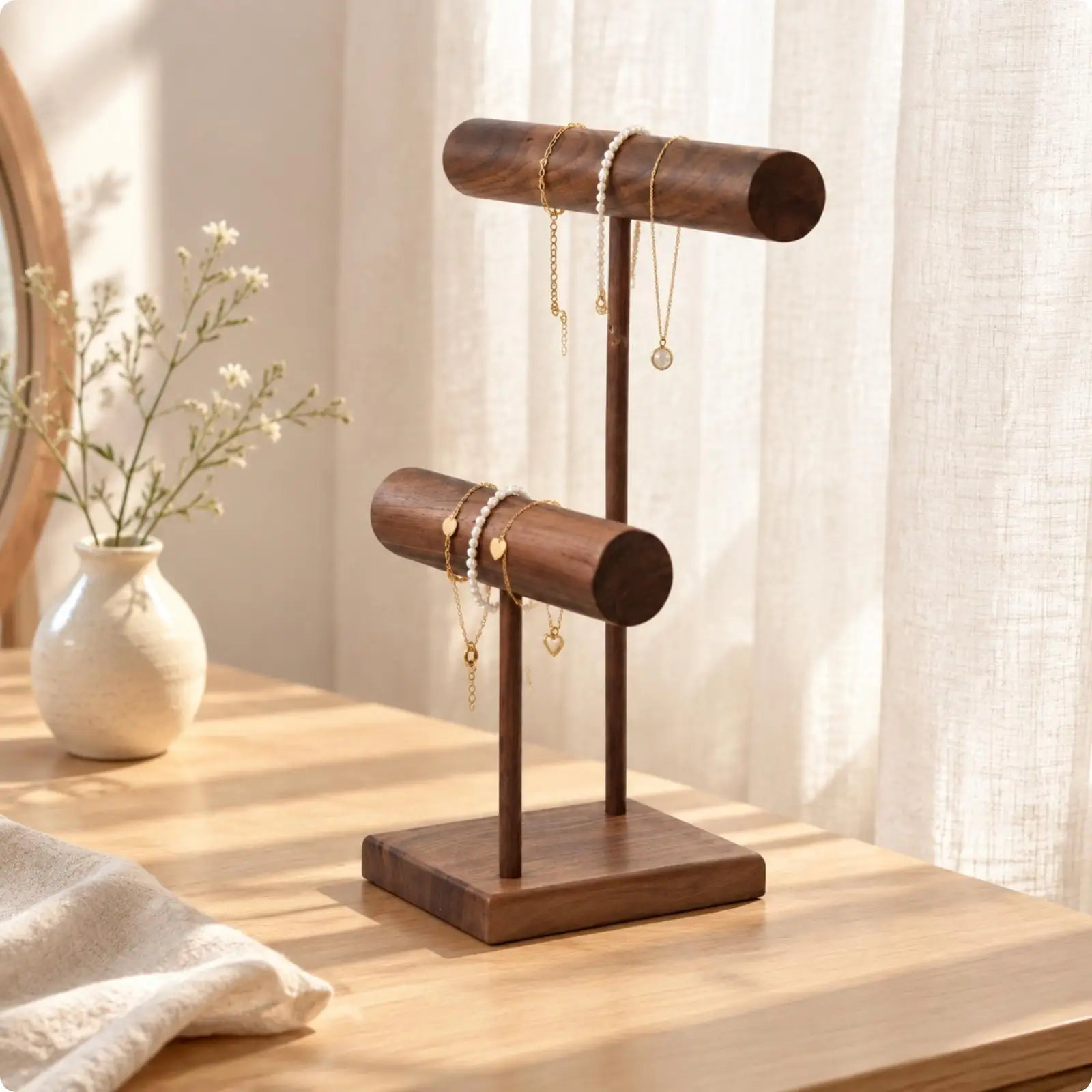 Walnut Jewelry Display Stand Natural Wood Grain Jewelry Stand with Hanging Rods Bracelet and Necklace Hanger Holder Stable