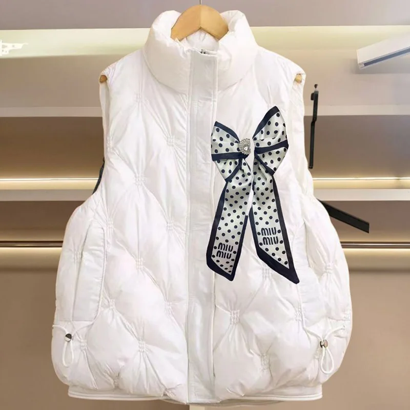Small diamond bow down vest fashionable autumn and winter shiny heavy-duty new stand up collar solid color jacket
