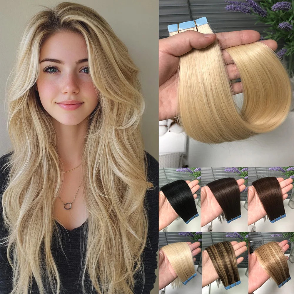 

Прямая светлая лента для наращивания волос, настоящие человеческие волосы, коричневые, черные, бесшовные ленты с утком кожи, наращивание волос, 20 шт.