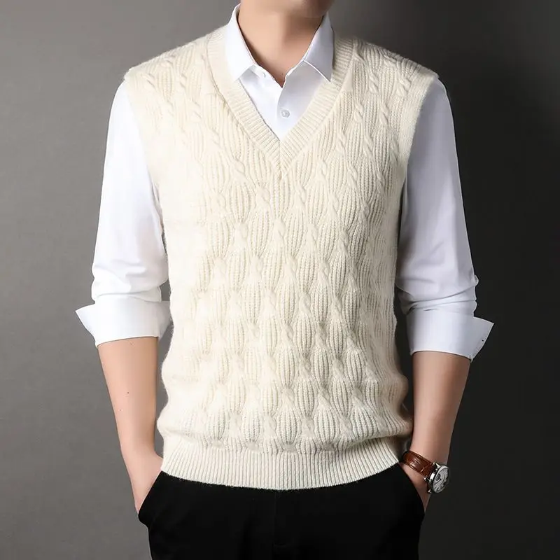 Men Loose Sleeveless Waistcoat, Autumn Winter Vintage Thick Solid V‑Neck Business Casual Knit Vest XJ149
