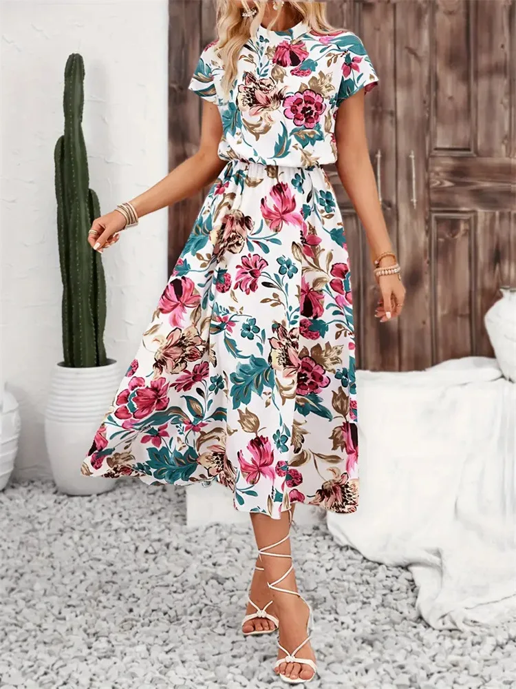 -Border Foreign Trade Women's Flower Print Loose Lapel Short Sleeve Dress Spring and Summer Women's Design Mid-Length Skirt