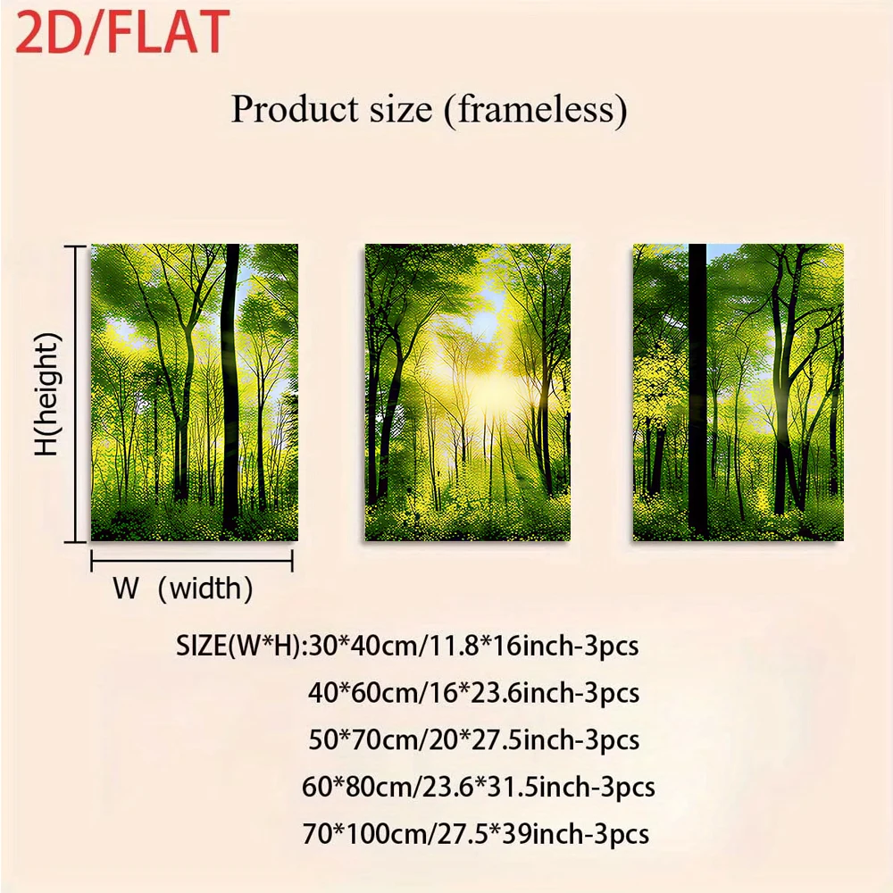 (3PCS Unframe)1 set of three frameless modern minimalist forest landscape wall hangings, green and natural home decor, 2D flat d