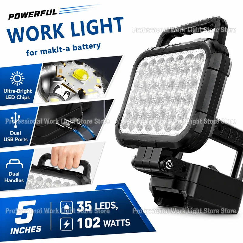 mak-ita work light ,with dual handles, for Makita batteries, 5-inch,featuring 36 LED bulbs and high-intensity light