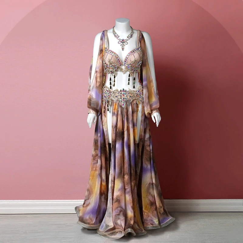 Kostium do tańca brzucha na zamówienie, luksusowy biustonosz z kamieniami AB + seksowna długa spódnica szyfonowa, 2-częściowy strój konkursowy do tańca orientalnego