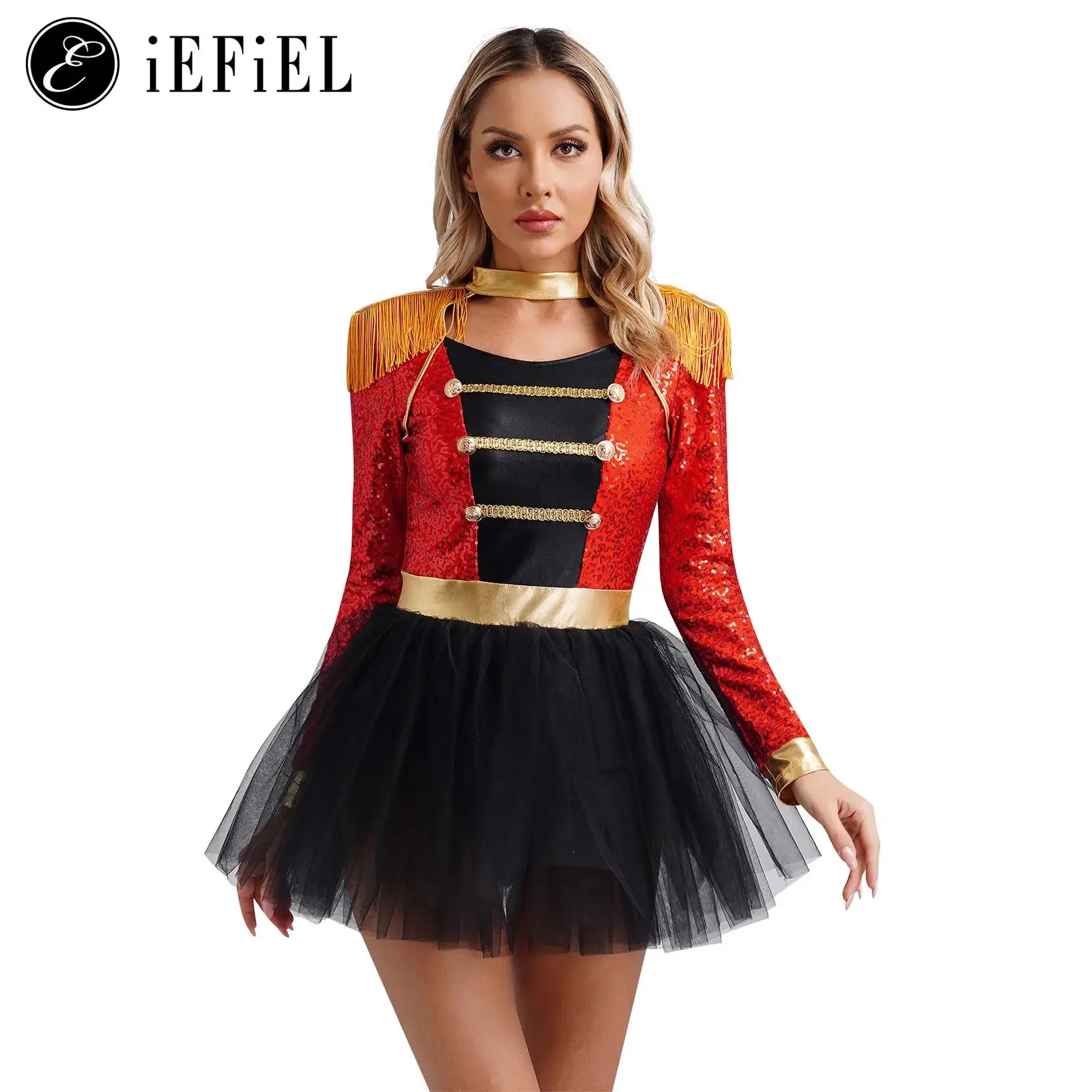 

Womens Red Lion Tamer Halloween Costume Circus Ringmaster Long Sleeve Dance Tutu Skirt Leotard Cosplay Party Fancy Dress Up