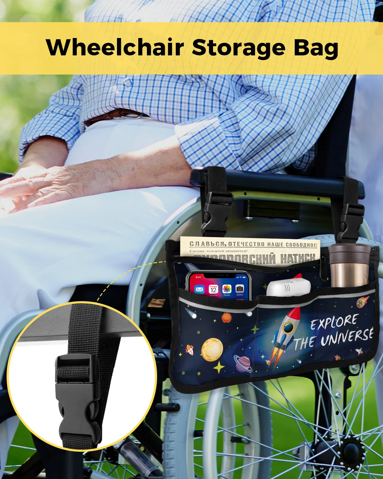 Space Universe Planet Rocket Wheelchair Bag With Pockets Armrest Side Bags Electric Scooter Walking Frame Storage Pouch