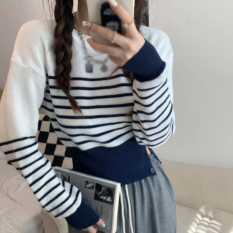 

Women Vintage Stripe Sweaters Korean Style Pullover Top Autumn Winter Long Sleeve Knitted Sweater