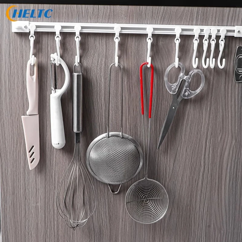 30/40cm Hot Sale Plastic Track Row Hooks Non Punching Wall Mounted Long Row Hook With Removable Hooks Self-adhesive Cabinet Hook