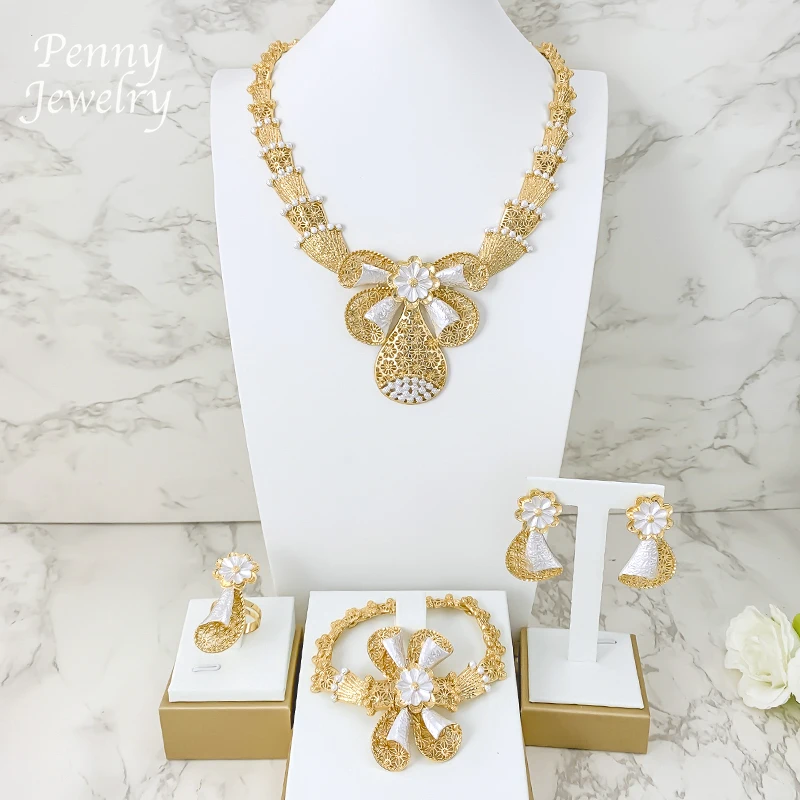 Collar con textura de lujo de gran tamaño, pendientes, pulsera, anillo, gargantilla, conjunto de joyería dorada de dos tonos, regalos para fiesta de boda nupcial