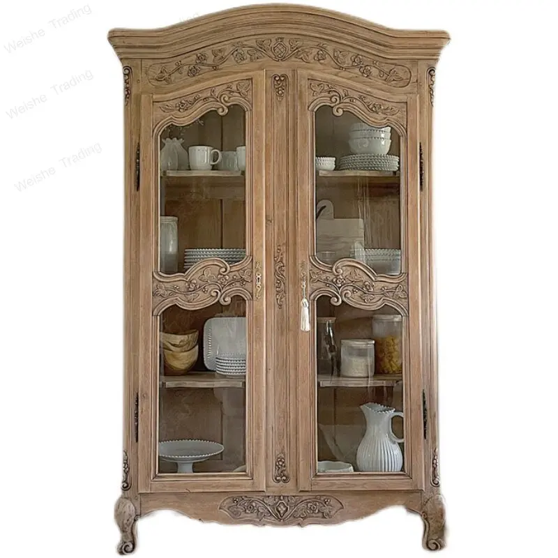 

Nordic French American rural retro old solid wood glass double door wine cabinet display side cabinet hotel exit