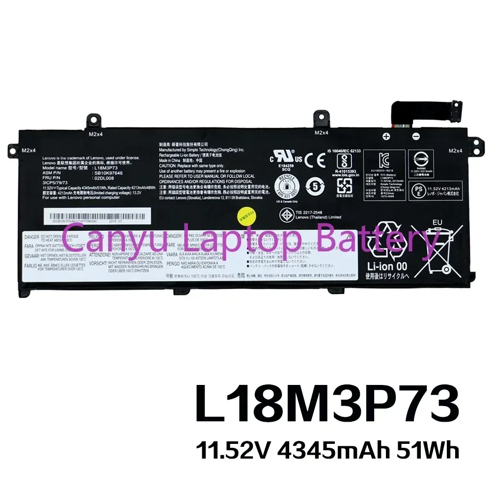 L18L3P73 11.52V 51Wh For Lenovo ThinkPad T490 T495 P43s  L18M3P72 L18L3P73 02DL007 L18C3P72 SB10T83122 5B10W13877 Laptop battery