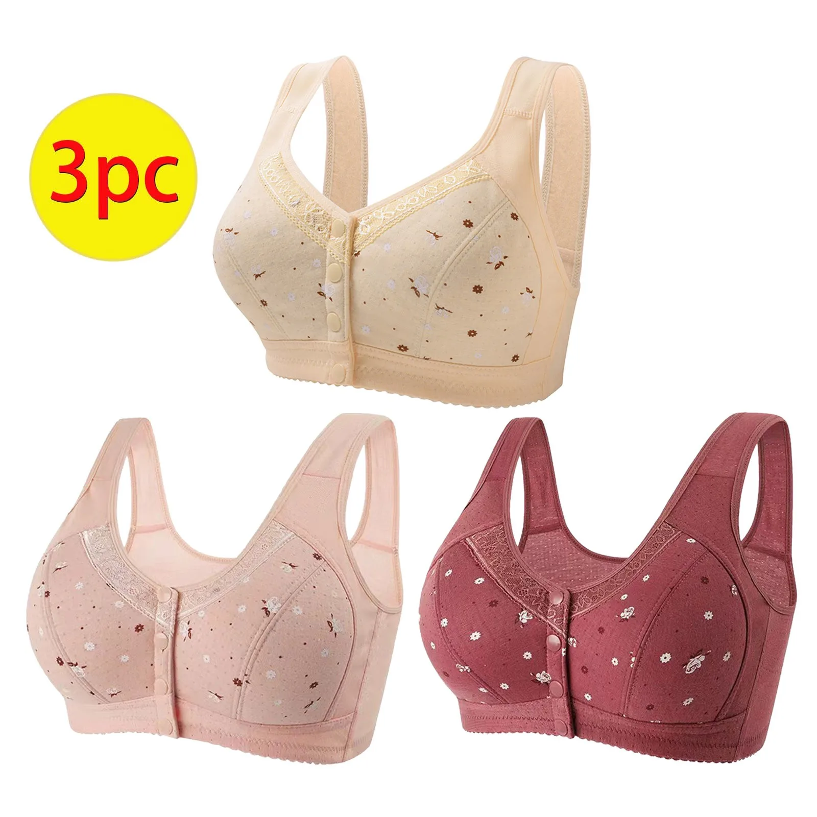 

3PC Soft Cotton Cups Before The Zipper In The Elderly Underwear Breathable Women Without Steel Ring Tank Top Lace Large Size Bra