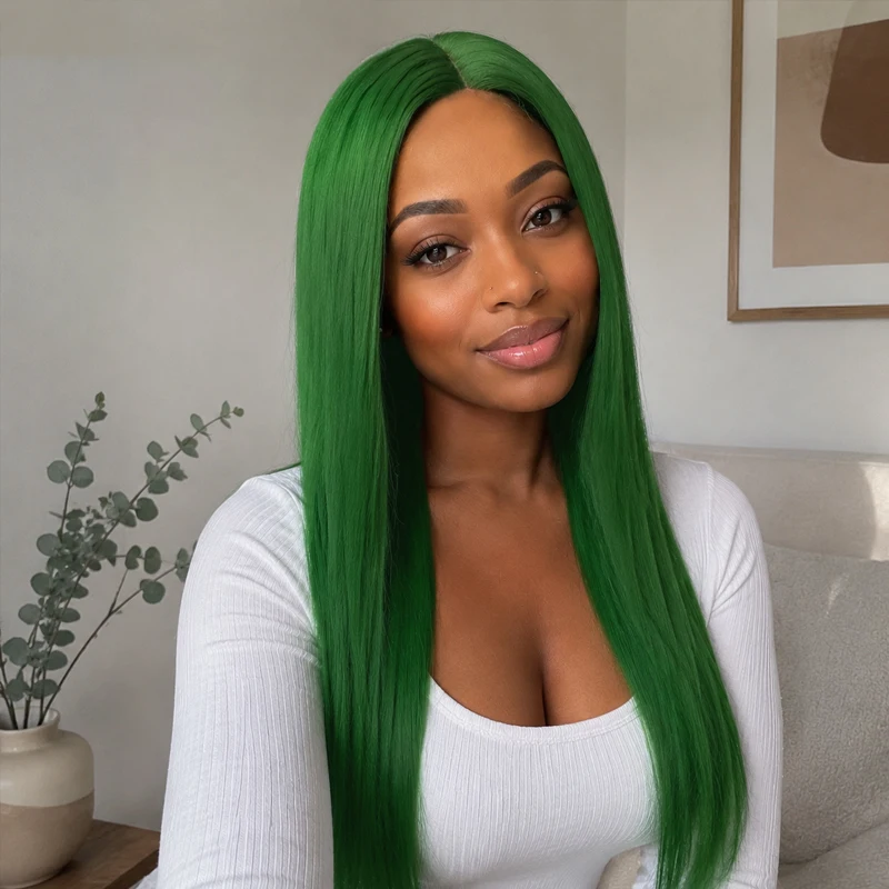 Women's green straight synthetic wig, 28 inches, versatile for everyday wear and parties, center parted, no bangs.