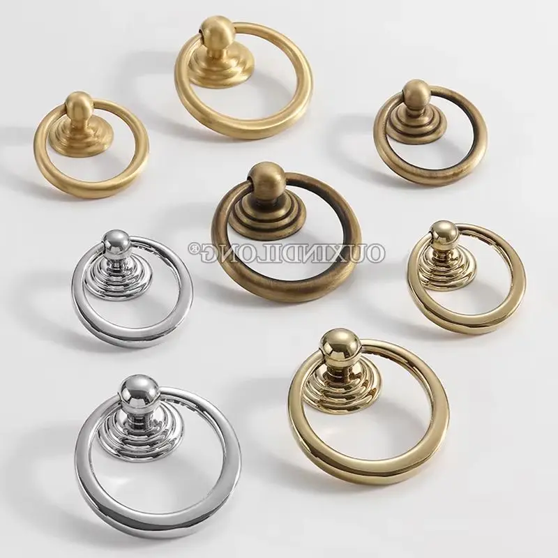 10PCS Solid Brass Round Pulls Rings Drawer Furniture Handles Cupboard Wardrobe Bookcase Closet Dresser Cabinet Pulls Knobs
