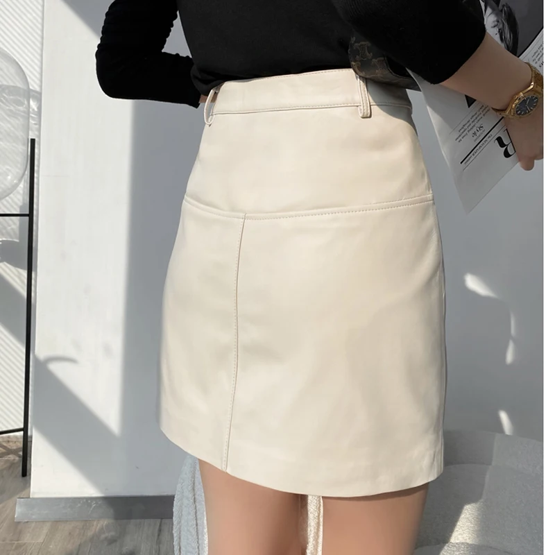 Genuine Leather Sexy Mini Skirt Women 2025 Spring South Korean Fashion High Waist Buttons Retro A-line Skirt