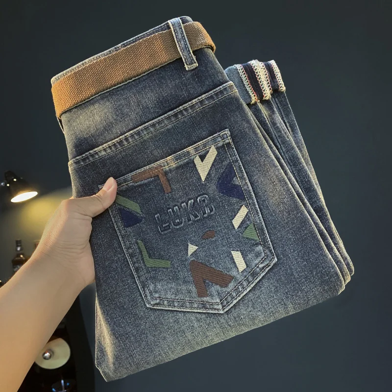 

2025 осенне-зимние толстые джинсы, мужские модные модные уличные джинсы с принтом, высококачественные повседневные эластичные джинсы для маленьких ног, тренд