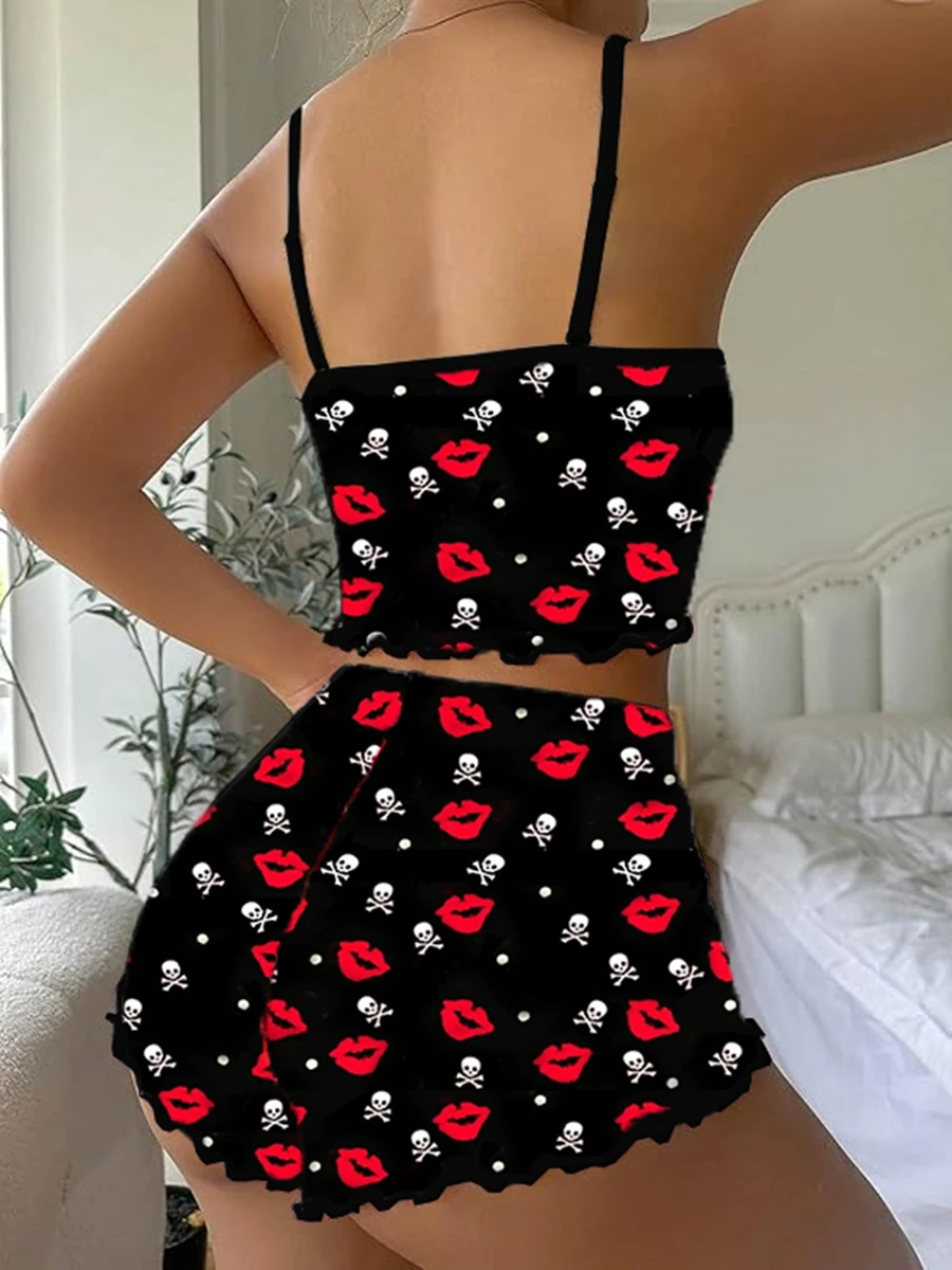 Women Valentine Pajamas Set Heart Lip Print Backless Crop Camisole and High Waist Shorts for Loungewear Soft Sleepwear