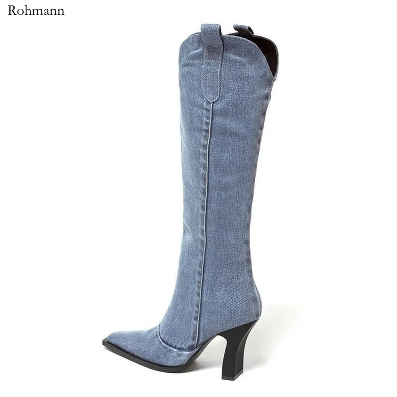 Fashion Classic Knee-High Denim Boots High Heels For Women Cowboy Ladies Boot