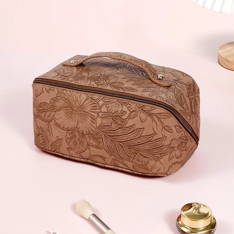 Multifunctional Pu Leather Cosmetic Bag With 3D Pressed For Women\'S Outdoor Travel Makeup Bag Skincare Bag Gifts Makeup Bag