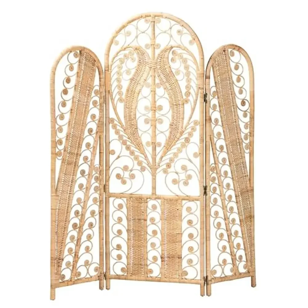 Handwoven Natural Rattan Tri-Fold Room Separator Curled Geometric Design Fully Assembled 57.1