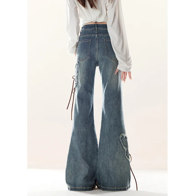 ANJY Spring Autumn New Women Trendy Fashion Bow Lace-Up Ins Bootcut Jeans Stylish Washed High Street Slim Fit Denim Pants A20664