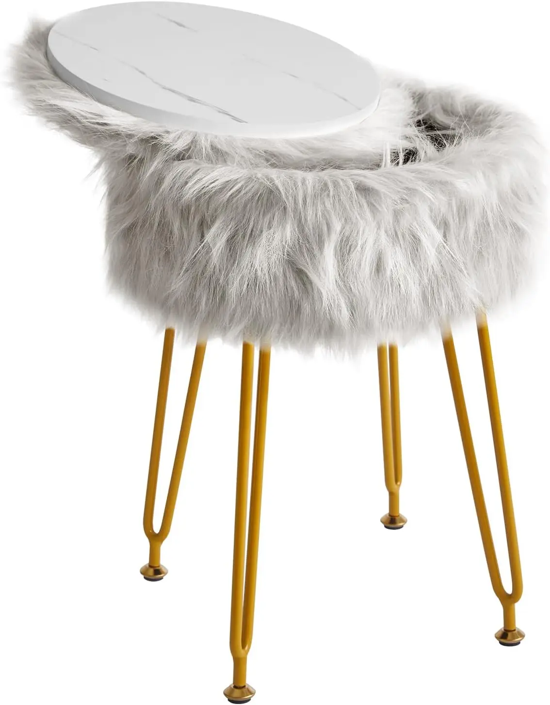 

Round Faux Fur Vanity Stool with Storage, Soft Padded Seat, 4 Metal Legs for Living Room Bedroom Entryway, Gray