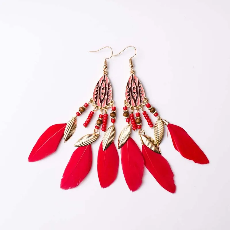 Venta al por mayor de pendientes colgantes con borlas de plumas para mujer, pendientes largos geométricos esmaltados coloridos bohemios, cuentas, joyería hecha a mano