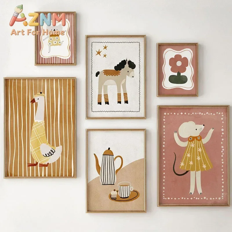 Canvas Painting De Ratón, Ganso, Caballo, Koala, Café Y Flores, Arte De Pared, Pintura En Lienzo, Carteles De Dibujos Animado