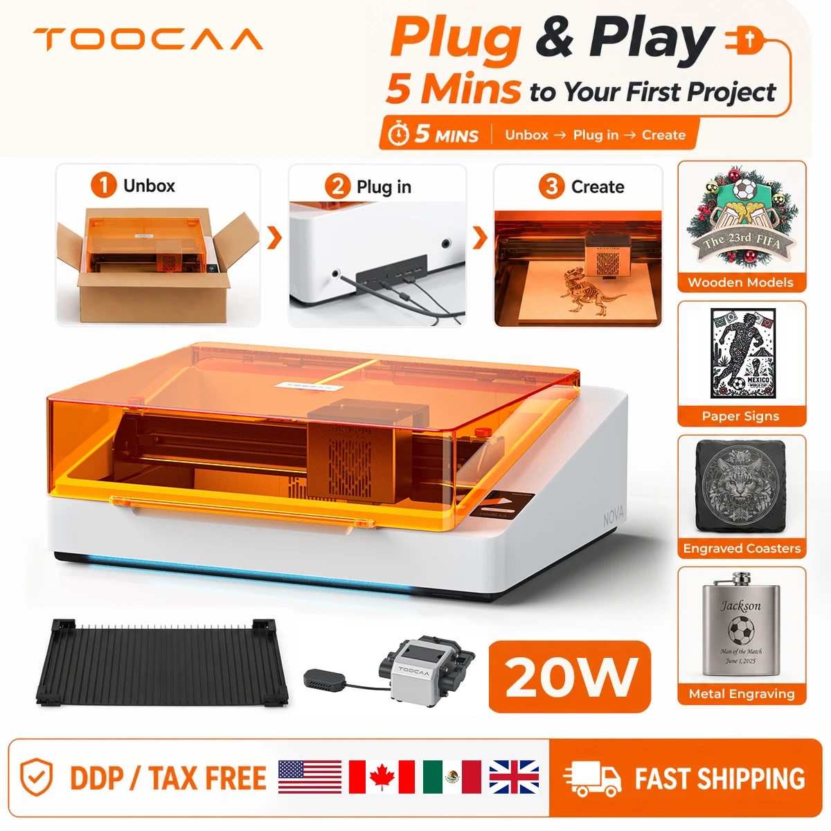 TOOCAA NOVA 20W Beginner-Friendly Laser Engraver With Smart Air Assist & Camera Enclosed Desktop Laser Cutter Machine Auto Focus