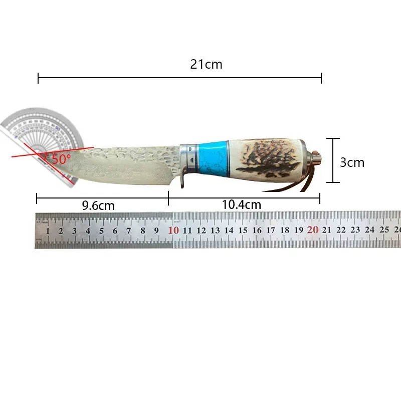 Damascus Steel Blade Handmade Deer Antler Handle Fixed Blade Hunting Knife Outdoor Camping Tactical Knives for Men Gift