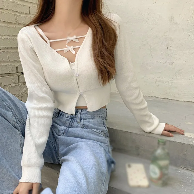 Women V-neck Knitwear Button Down Sunscreen Cardigan Lightweight Short Jacket Long Sleeve Blouse