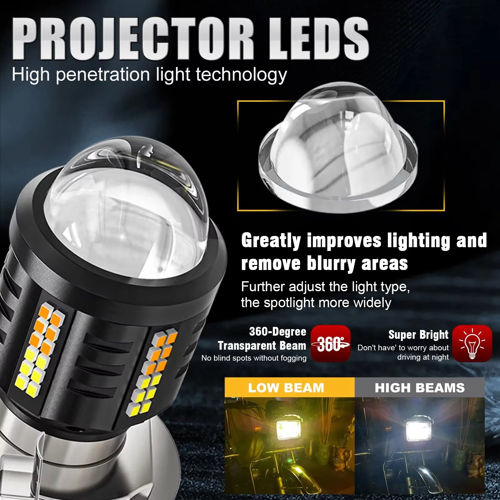 Super Bright Motorcycle Accessories LED Headlight Bulb H4 Hi/Lo Beam explorers Spotlight For Moto Scooter ATV White Amber 12V